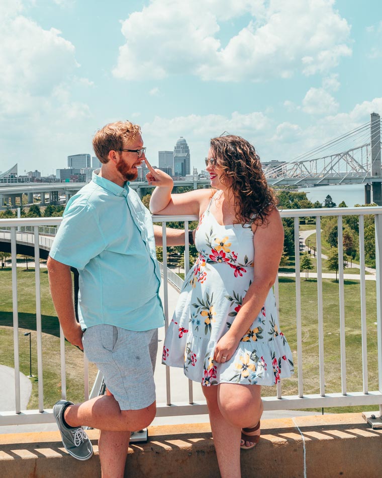 Lia and Jeremy Garcia in front of Louisville Skyline