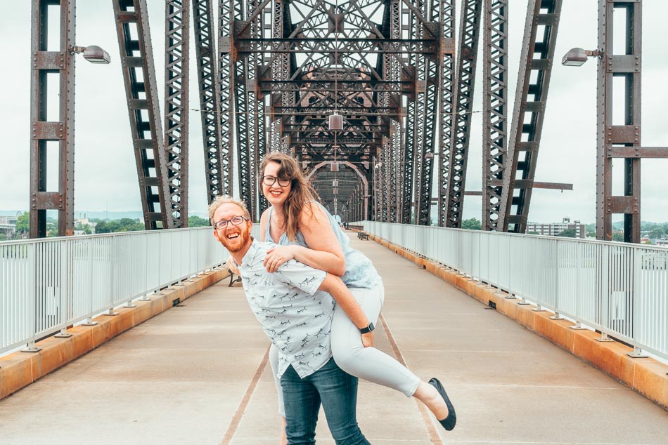 Lia and Jeremy Garcia on Big Four Bridge Piggyback Ride