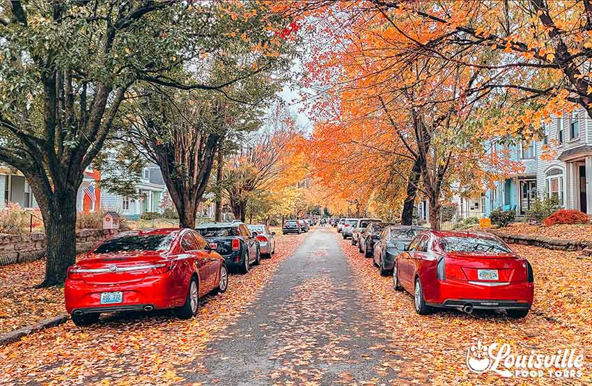 Original Highlands in the Fall with bright orange foliage in Louisville, Kentucky