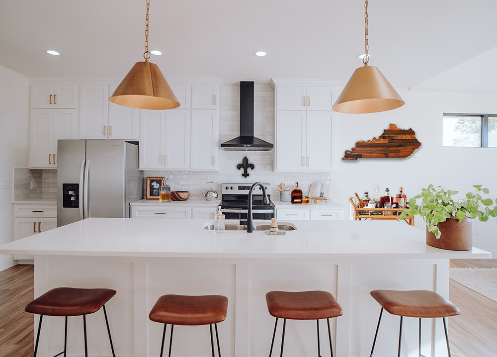 Kentucky Kitchen with Bourbon and Kentucky shaped bourbon barrel decor