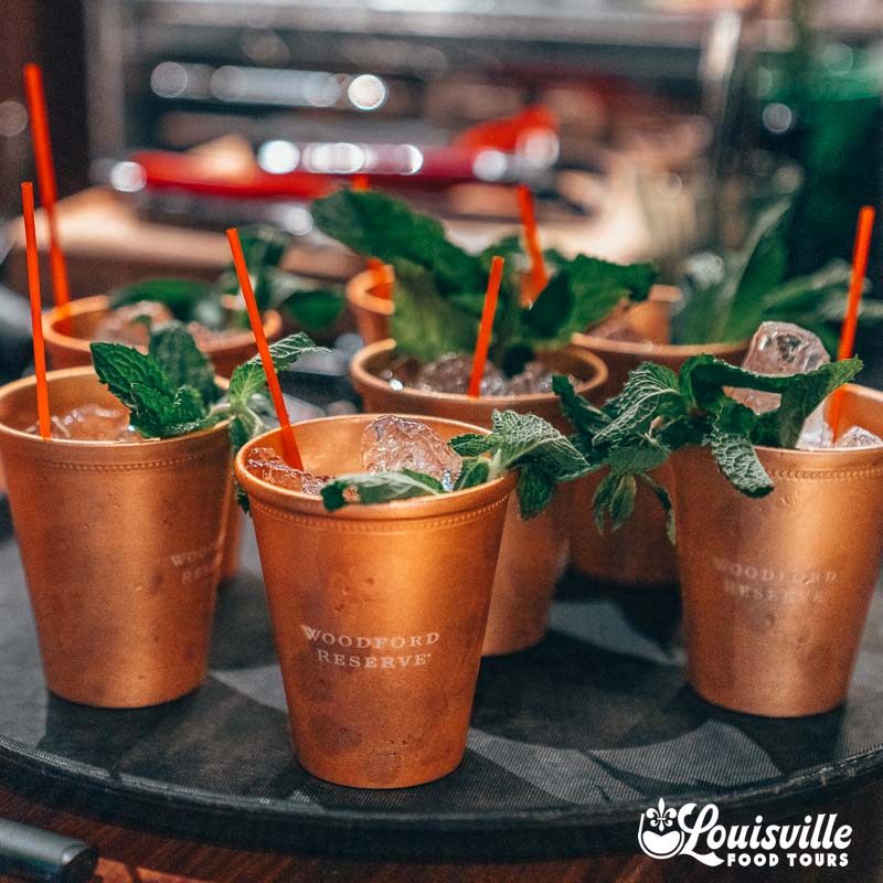 Mint Juleps in copper glasses on a food tour in downtown Louisville Kentucky