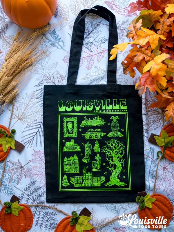 Haunted Louisville tote bag featuring spooky Louisville ghosts, cryptids, Pope Lick Monster, Witches Tree and Cave Hill