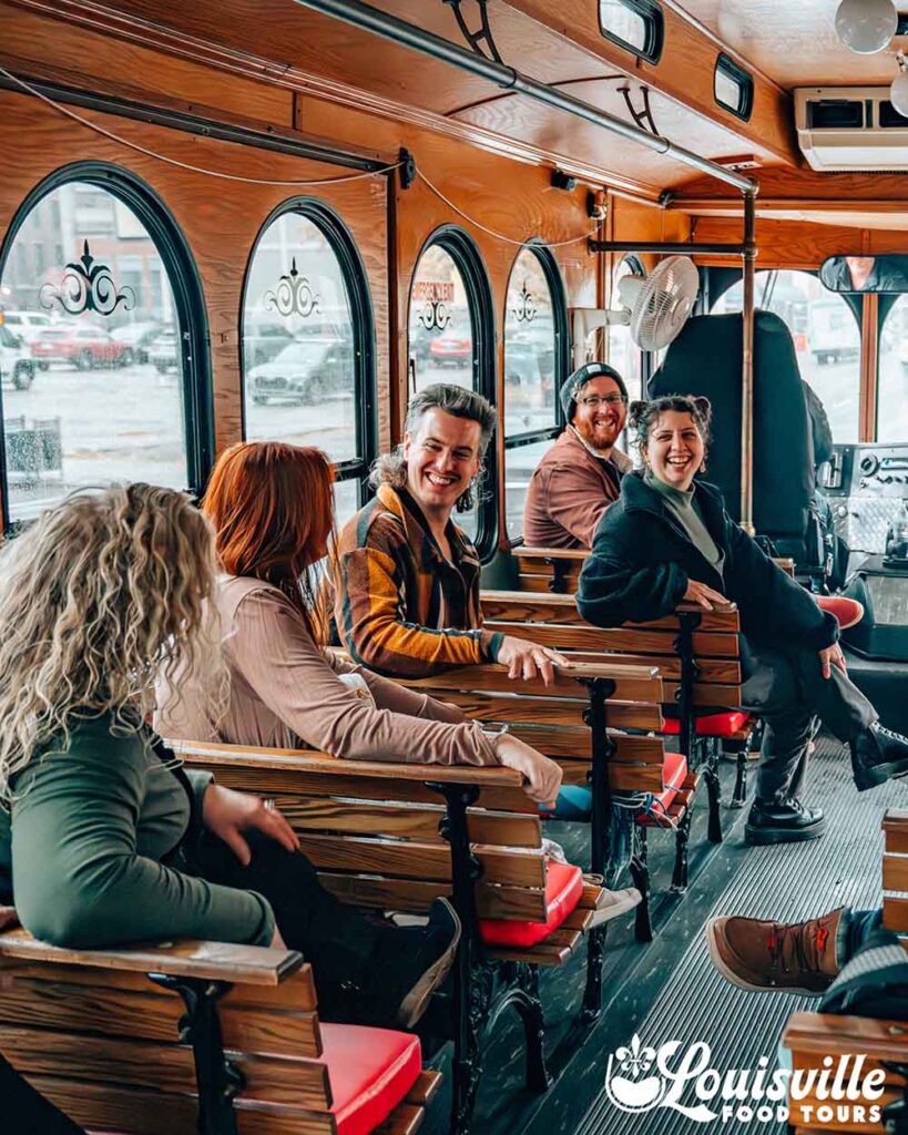 Guests on the bourbon trolley in Louisville Kentucky