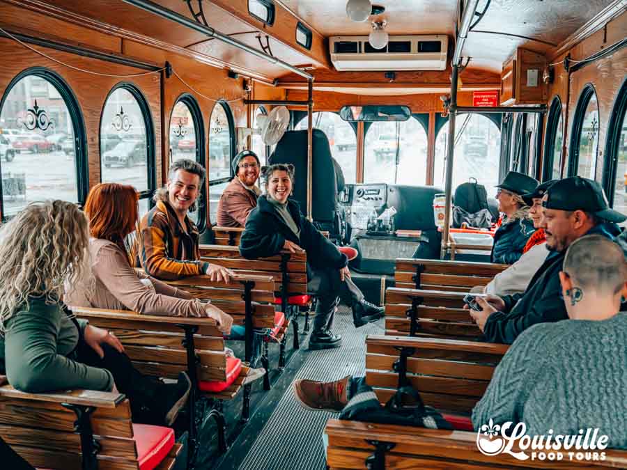 Guests on the bourbon trolley in Louisville Kentucky